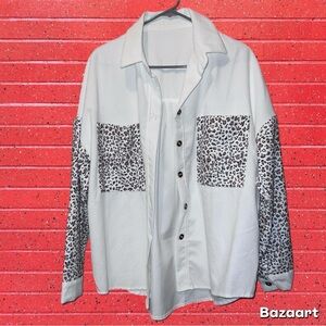 SHEIN White & Leopard Print Button Down Top